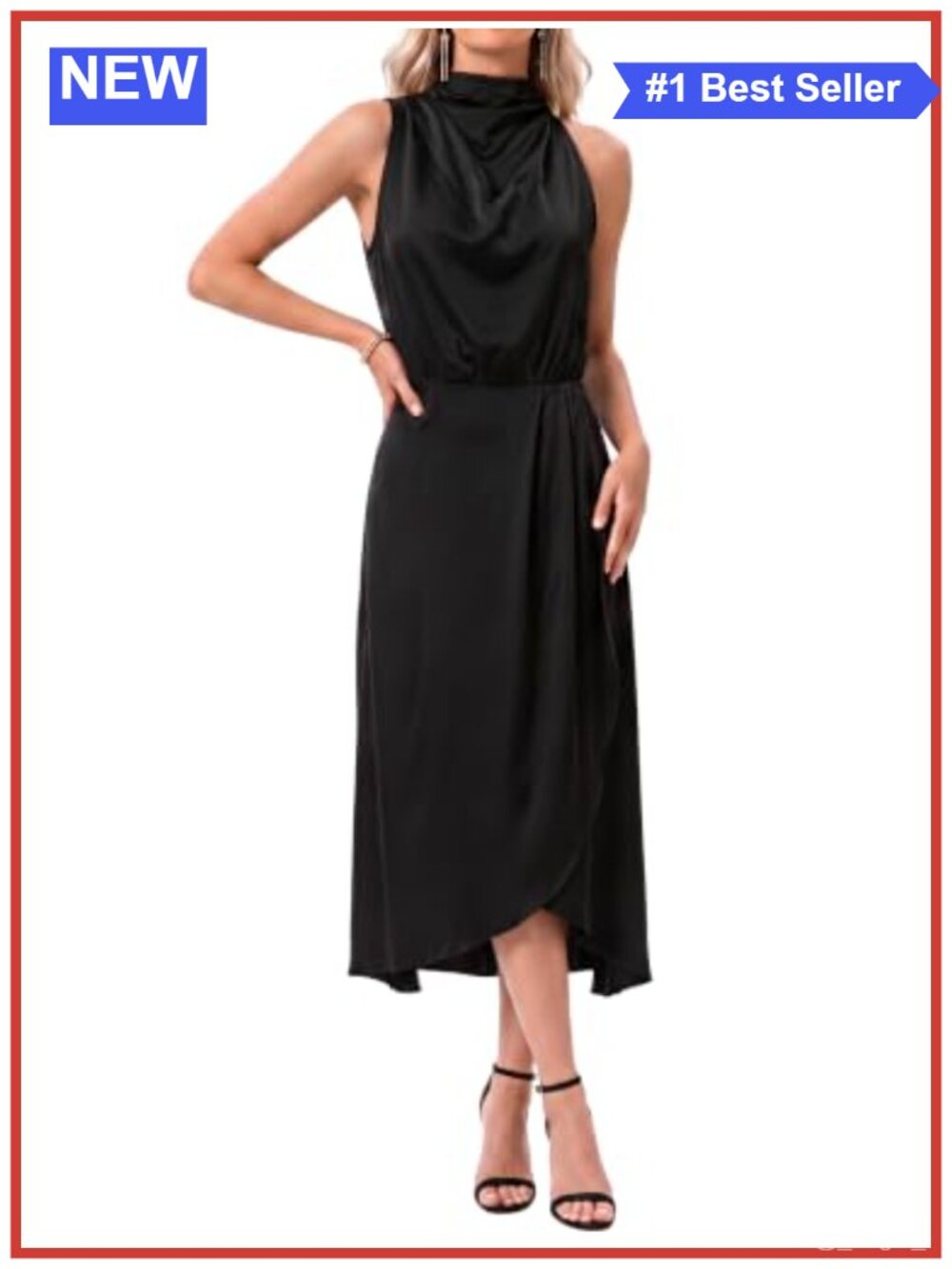 Satin Sleeveless Mock Neck Midi Dress Asymmetric High Low Hem